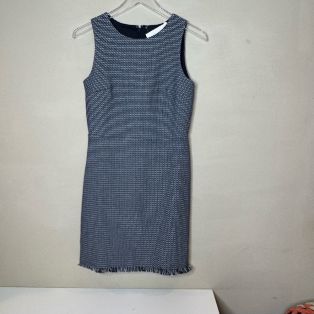 Loft Woven Sheath Dress Fringe Bottom Blue White Size 2 Back Zip